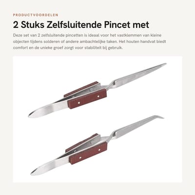 Dailygoods- Pincet Set 2 Stuks - Zelfsluitend - Houten Handvat - Antislip - Rechte/Gebogen Punt - Geschikt voor DIY Ambachtelijk Werk - Soldeerpincet