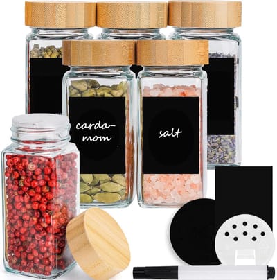 Vierkante kruidenpotjes 120 ml - set van 6 met strooiinzetstuk en bamboedeksels - inclusief zwarte etiketten Kruidenpotjes