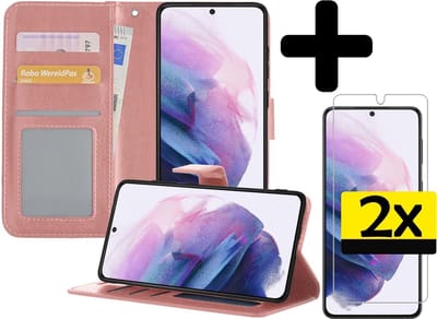 Hoesje - Met 2x Screenprotector - Geschikt voor Samsung Galaxy S21 - Luxe Pasjeshouder - Bookcase Portemonee - Flip Case - Kunstleer Book Case - Flipcase Hoes - Book Cover - Walletcase - Portemonneehoes - Telefoonhoesjes - Rosé goud