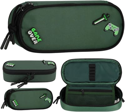PIXEL Schooletui met vakken voor gamers, ovale etui, voor jongens 22x10x5cm