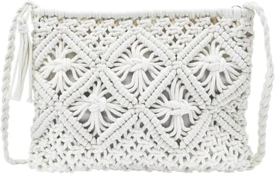 Strandtas voor Dames met Kwast - Mini Gehaakte Handtas met Rits - Ideaal voor Vakantie en Reizen - Wit