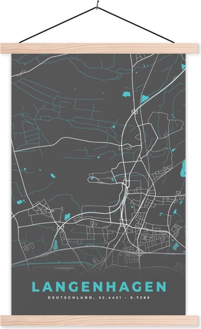 Posterhanger incl. Poster 40x60 cm - Schoolplaat - Stadskaart – Langenhagen – Duitsland – Plattegrond – Kaart - Textielposter - Blanke latten - Stadskaart