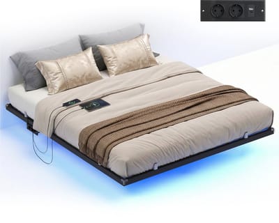 VASAGLE - Bed - Metalen Bed - Met Zwevend Effect - Ledverlichting - Afneembare Stekkerdoos en USB-poorten
