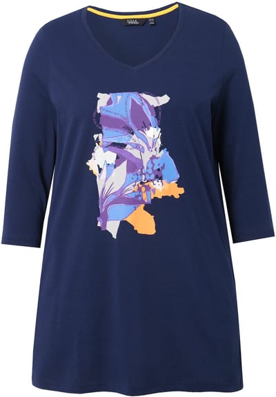 Ulla Popken - Dames - Longshirt bloemen A-lijn V-hals 3/4-mouwen - Inktblauw - Maat 46+
