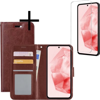Hoesje - Met Screenprotector - Geschikt voor Samsung Galaxy A35 - Luxe Pasjeshouder - Bookcase Portemonee - Flip Case - Kunstleer Book Case - Flipcase - Book Cover - Walletcase - Portemonneehoes - Bruin