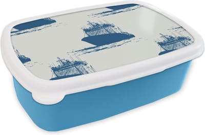 Broodtrommel Blauw - Lunchbox - Brooddoos - Patronen - Water - Boot - 18x12x6 cm - Kinderen - Jongen