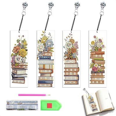 Set van 4 unieke diamant schilderen boekenleggers, creatieve accessoires voor boeken, persoonlijk cadeau voor boekenliefhebbers