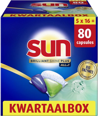 Sun Brilliant Shine Plus Vaatwascapsules - All-in 1 - met Bio-enzymentechnologie - 8 x 16 capsules