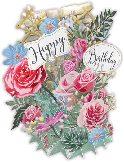 3D-Pop Up Wenskaart Happy Birthday Flowers - Laser gesneden wenskaart