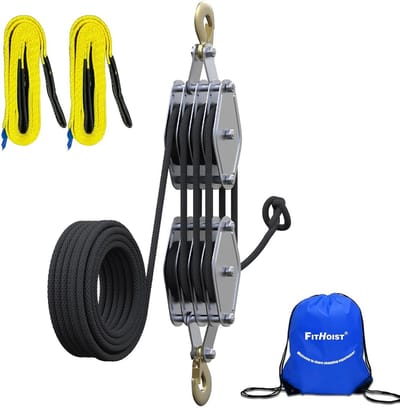 Heavy Duty Blok en Tackle Systeem 4200LBS Hefkracht met 65 Ft Touw en 2 Lift Slings