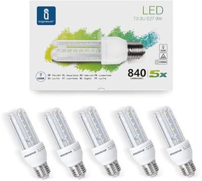 LED lamp T3 3U E27 - 9W, 840 Lumen, 360° stralingshoek, koud wit licht 6500K, set van 5