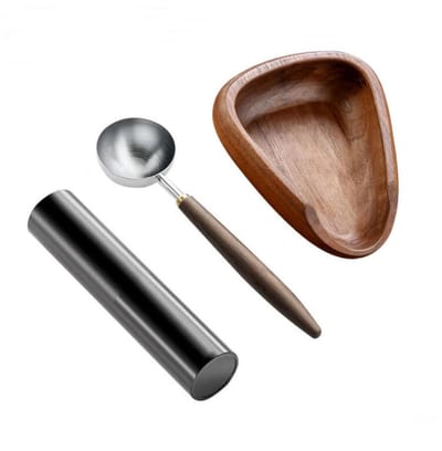 Houten koffie-opvangbakje - Koffiebonenschotel - weegschaal - Koffiebonen- en Sabeli-houtenset - bonenkom, verstuiver, maatlepel voor melkthee en koffie