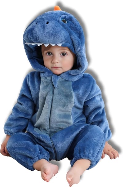 BoefieBoef Dieren Baby Onesie Peuter Pyjama Kinderen 6 maanden tot 2 jaar – Dinosaurus – Verkleedkleding met Luierrits – Carnaval Dierenpak - Kerst en Kraamcadeau - Zacht Flanel - Romper - Boxpak - Jongens - Meisjes - Kruippak - Winterpak - blauw