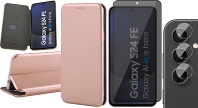 Hoesje geschikt voor Samsung Galaxy S24 FE - Privacy Screenprotector Volledig Dekkend Glas & Camera - Wallet Book Case Rosegoud