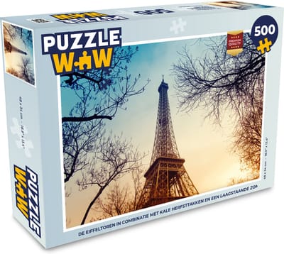 Puzzel De Eiffeltoren in combinatie met kale herfsttakken en een laagstaande zon - Legpuzzel - Puzzel 500 stukjes