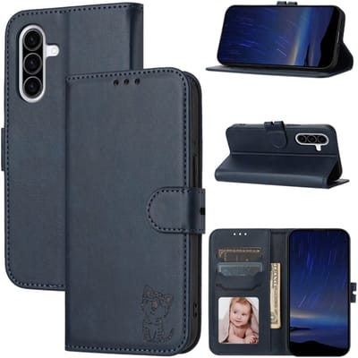 Luxe BookCover Hoes Etui geschikt voor Samsung Galaxy A37 - A36 - A56 Blauw - Kat - Reliëf