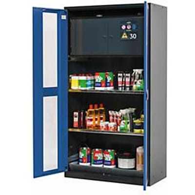 asecos CS-CLASSIC-GF chemische voorraadkast, scharnierende deuren met glazen uitsparing, gentiaanblauw front, B 1055 x D 520 x H 1950 mm