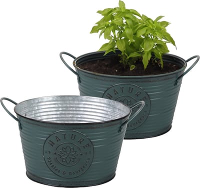 Sunnydays Teil/plantenpot/bloempot - 2x - zink - rond - petrolblauw - D22 x H12 cm