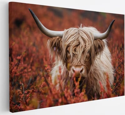 Saammp Canvas Schilderij - Schotse Hooglander Koeien in de sneeuw - Landschap - Dieren - Natuur - 30x20 - Foto op canvas - Wanddecoratie - muurdecoratie Woonkamer - Slaapkamer decoratie - Canvas Print