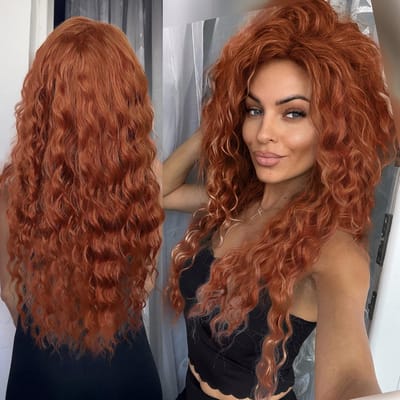 Lang Krullend Sintetisch Haar - Merida Kostuum met Luchtige Golven, Natuurlijke Haarlijn en Koper Tinten voor Feest of Cosplay