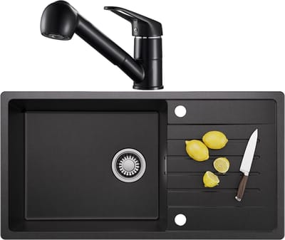 CECIPA MAX Granieten Spoelbak 86x45CM - Spoelbakken Keuken Met Keukenkraan - Spoelbak Met Planchet en Afdruiprek - Spoelbakken Incl. Sifon en Afvoerzeefje - Zwart