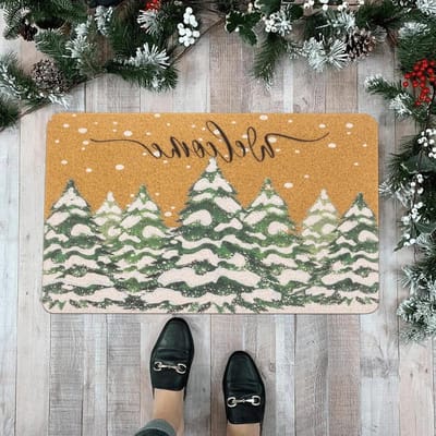 Welkomsdoormat voor de winter met kerstbomen en sneeuwvlokken - Antislip kokosdoormat voor binnen en buiten, 17 x 29 inch, ideaal voor de feestdagen en als cadeau