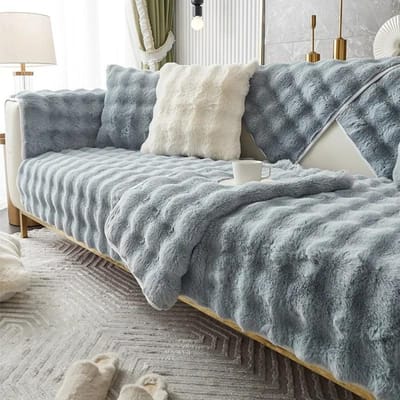 Volledige set konijn pluche bankkussens Groothandel winter verdikte sets van stoffen servetten, pluche kussens, anti-slip bankhoezen 70x90cm grijs