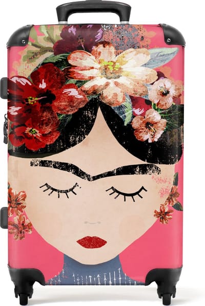 NoBoringSuitcases.com - Grote koffer - Frida Kahlo - Vrouw - Vintage - Bloemen - Kunst - Reiskoffer met 4 wielen - Trolley op wieltjes - Rolkoffer groot - 72 liter - Ruimbagage valies 20kg - Valiezen voor volwassenen