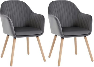 Set van 2 Fluwelen Eetkamerstoelen met Armleuningen – Ergonomische Gestoffeerde Keukenstoelen – Comfortabele Stoelen voor Woonkamer of Restaurant - Velvet Grijs met Houtkleurige Poten