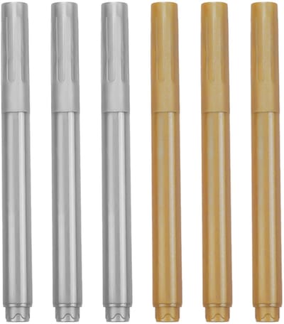 6pcs Gold and Silver Metal Marker Pens, Metal Acrylic Markers, Metallic Acrylic Pens for Stone, Ceramic, Glass, Wood, Fabric, Canvas (3 Gold + 3 Silver)