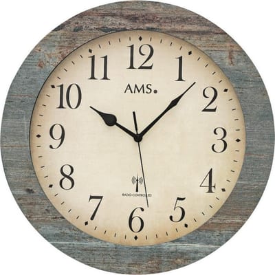 AMS F5562 - Wandklok - Analoog - Radiogestuurde tijdsaanduiding - Rond - Hout - Mineraal Glas - Cijfers - Grijs/Blauw - Wit - 35 cm ø