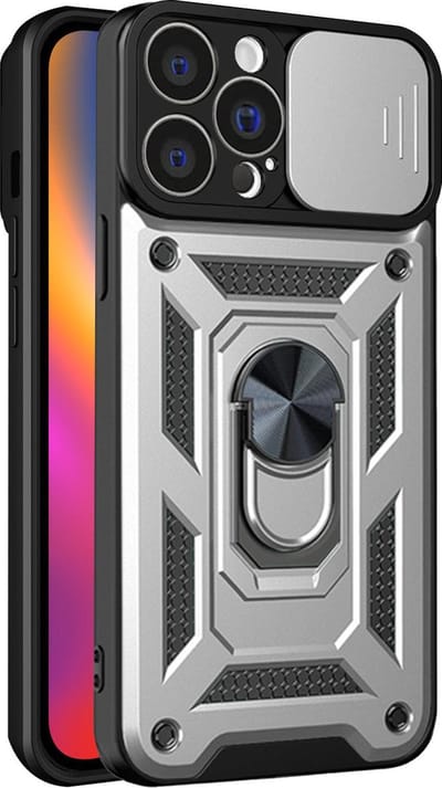 Hoesje geschikt voor iPhone 15 Pro met Ringhouder en Camera schuifje - Arara backcover - Zilver