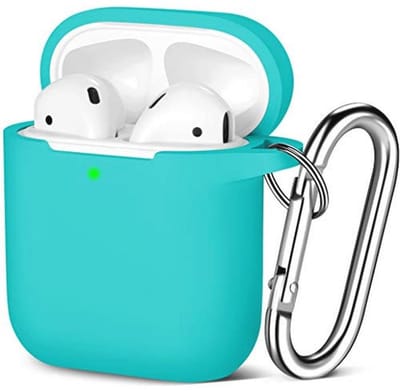 Compatibel Hoesje voor Airpods 1 & 2 - Siliconen Schokbestendige Bescherming met Draadloos Opladen en Karabijnhaak - Blauw