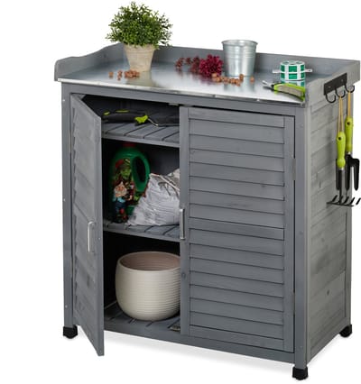 oppotafel buiten - met 3 haakjes - tinnen werkblad - 92x90x45 cm - hout - grijs