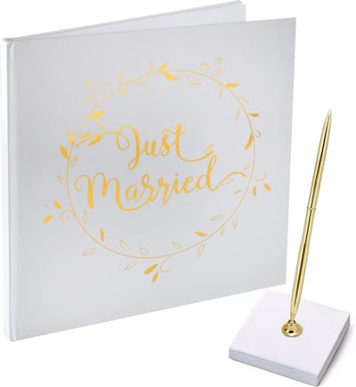 Gastenboek/receptieboek met luxe pen in houder - Bruiloft - goud/wit - 24 x 24 cm