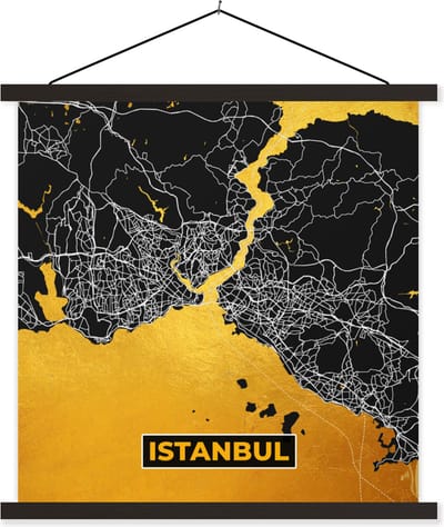 Posterhanger incl. Poster 60x60 cm - Schoolplaat - Istanboel - Goud - Stadskaart - Plattegrond - Kaart - Textielposter - Zwarte latten - Stadskaart