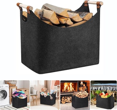 Houten mand voor haardhout, brandhoutmand met houten handvat, XL extra dikke vilten brandhoutmand, opvouwbare vilten tas voor hout, krantenspeelgoed, kleding (45 x 32 x 40, donkergrijs)