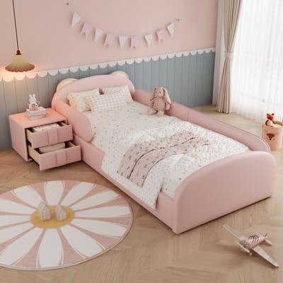 KOMHTOM - Gestoffeerd bed - eenpersoonsbed - kinderbed - schattig hoofdeinde in de vorm van een beer - met een nachtkastje in dezelfde kleurstelling - zachte anti-botsingskant - hoofdeinde van schuim - fluweel + multiplex - roze - 90x200cm