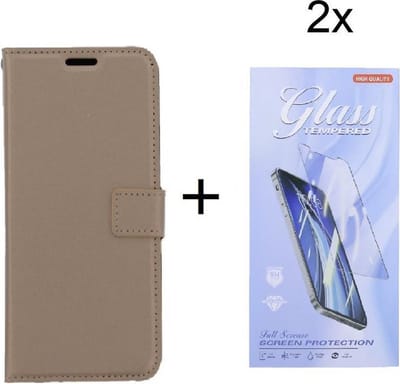 Bookcase Geschikt voor: Oppo A15 - Goud - portemonnee hoesje met 2 stuks Glas Screen protector