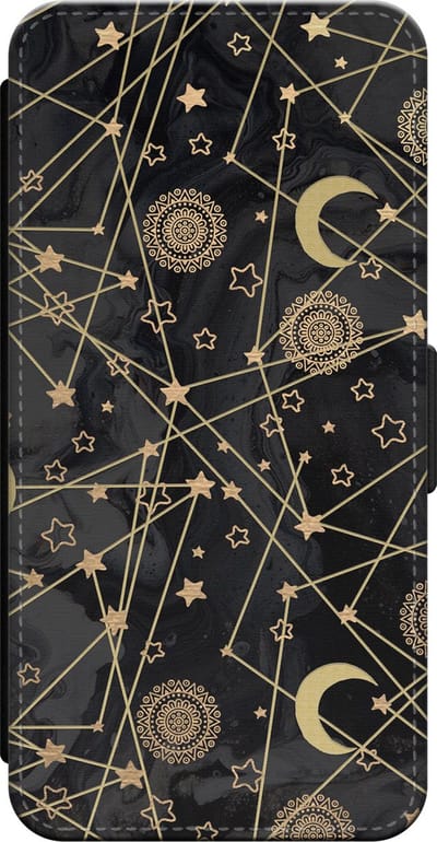 Leuke Telefoonhoesjes - Bookcase hoesje geschikt voor iPhone 14 bookcase leer - Sterren, zon, maan - Sterren, zon, maan - Wallet case met pasjeshouder - Sterren - Zwart, Goud
