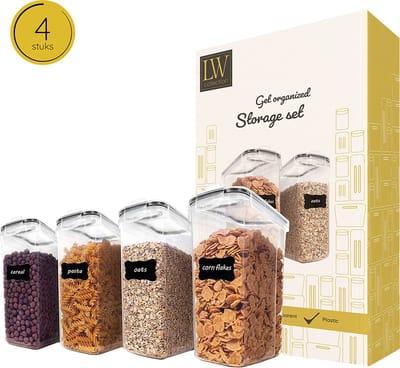 LW Collection voorraadpotten set van 4 met pen en stickers - Voorraadpotjes luchtdicht - voorraadbussen - snoep pot - organize potten - opbergpotten - keukenpotten - food container - luxe - complete set 4 stuks