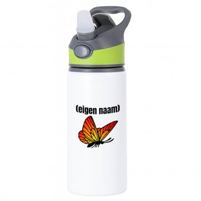 Hacebo® - oranje vlinder met eigen naam waterfles met rietje groen - Vlinder - dieren liefhebber - iemand die houdt van vlinders - verjaardag - cadeau - kado - geschenk - water fles - 650ML