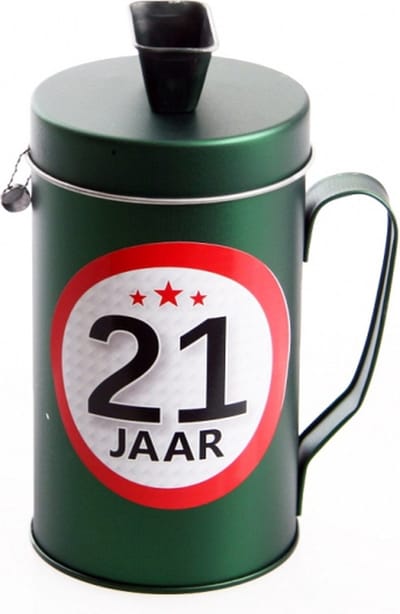 Spaarpot - 21 jaar geworden thema - verjaardag cadeau - Blik met sticker van 9 cm - blik in groen