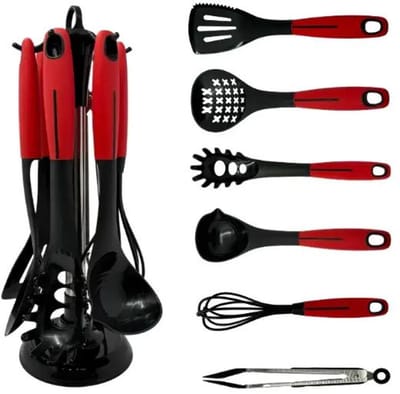 Keukengerei Set met Houder – 7-Delige Kookgerei Set – Ophangbaar – PBT – Zwart/Rood – Eisenbach