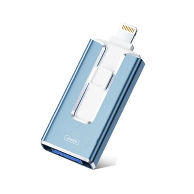 QTTVBTNA - 4-in-1 USB Stick - USB 3.0, Lightning, Micro USB, USB-C - 256GB - Plug-and-Play - Foto's en Video's Opslaan - Blauw - 1 stuk