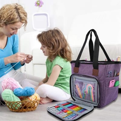 Candala Garen Tas, Breien Organizer Tote Bag Draagbare Opbergtas voor Garens, Draagprojecten, Breinaalden, haak haken, Handleidingen en andere accessoires Paars