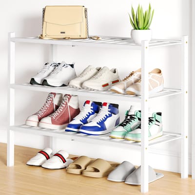 Homaxy - Schoenenrek (3 niveaus) - Bamboe Schoenenrek - Houten Schoenenkast -Schoenenrek hout -68x28x49.5cm-wit