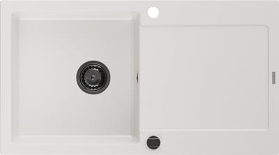 Mexen Leo granieten spoelbak 1-komor met afdruiprek 900 x 500 , wit, zwarte sifon - 6501901010-20-B