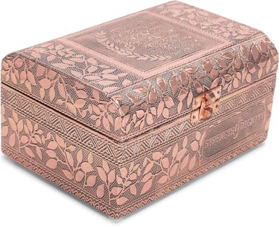 Decoratieve Ronde Sieradendoos met Koperkleurige Metaalafwerking en Spreuken 31:25 Inscriptie