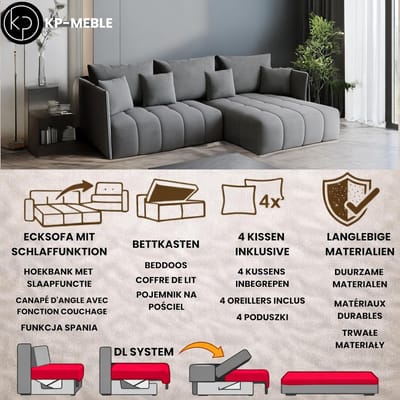Hoekbank met slaapfunctie en opbergruimte 246 x 188 x 93 cm – Uitschuifbare slaapbank 230 x 149 cm – DL systeem – Velvet Monolith 37 – Waterafstotend – 100.000 Martindale – Rechts (R-rechts) – Flesgroen – Design slaapbank hoekbank 3-zits HomebyNicole